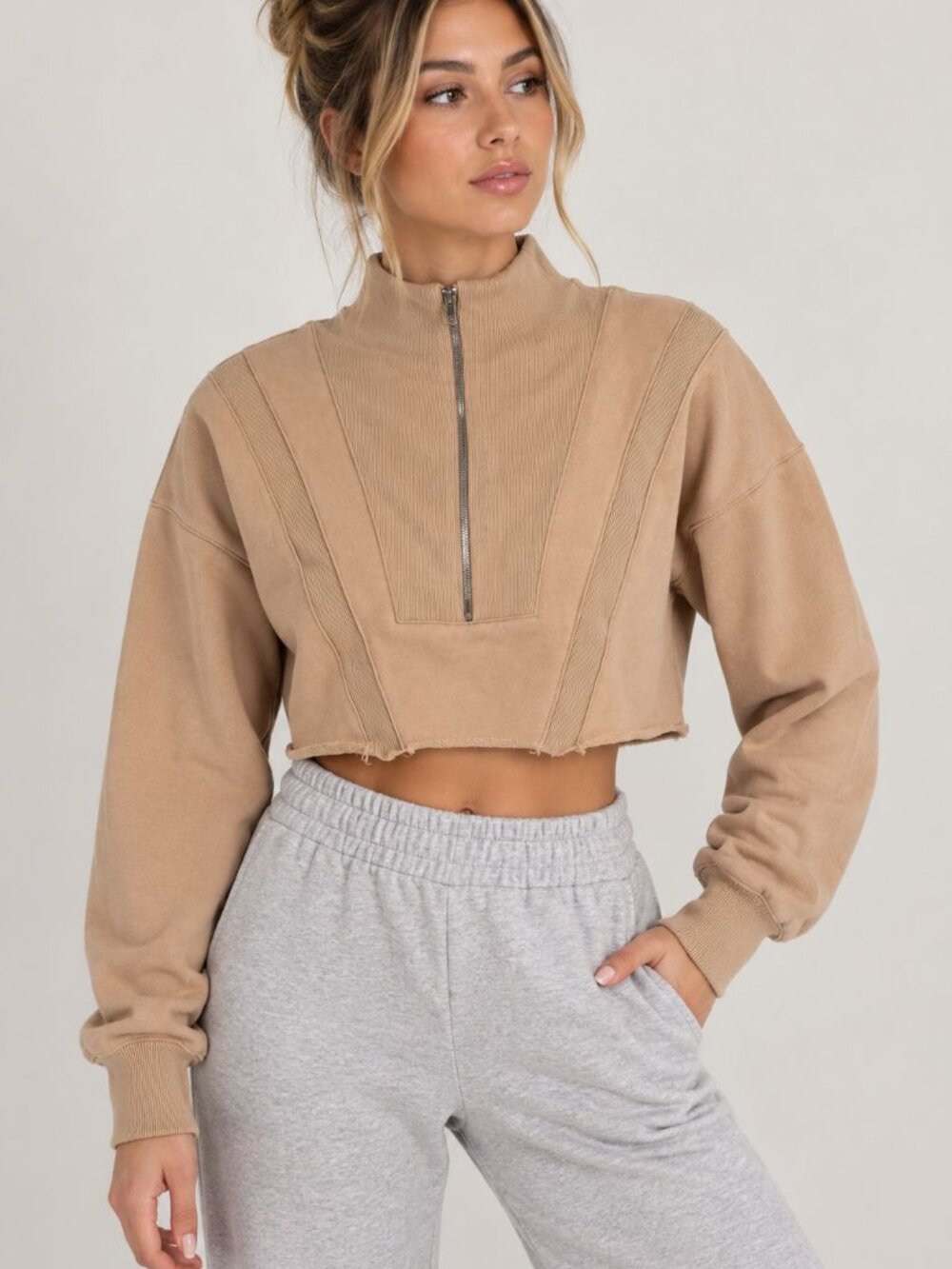 Gold Hinge Cropped Quarter Zip Sweatshirt Tan XS Mock Neck Streetwear